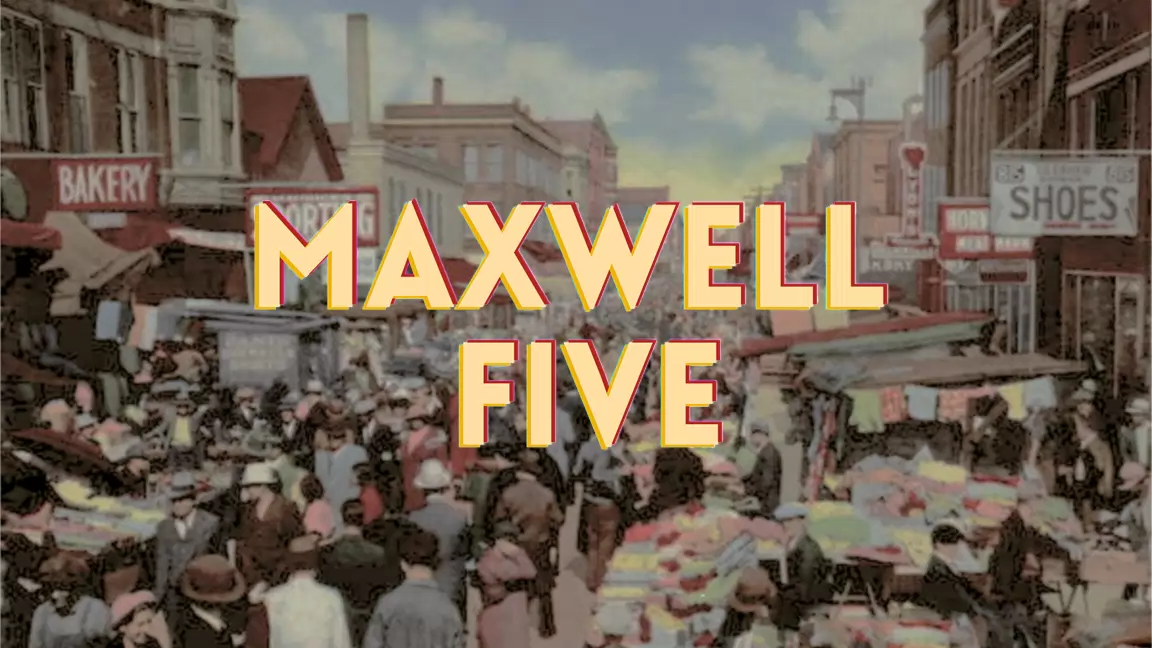 Maxwell Five, sobre una postal coloreada del mercado de Maxwell Street en Chicago